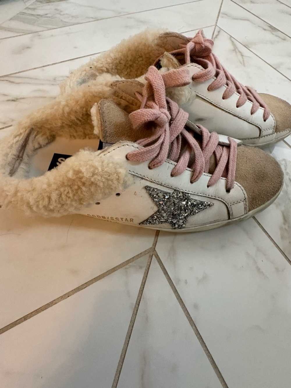 Golden Goose White Sneakers with Pink Laces and Silver Glitter Star